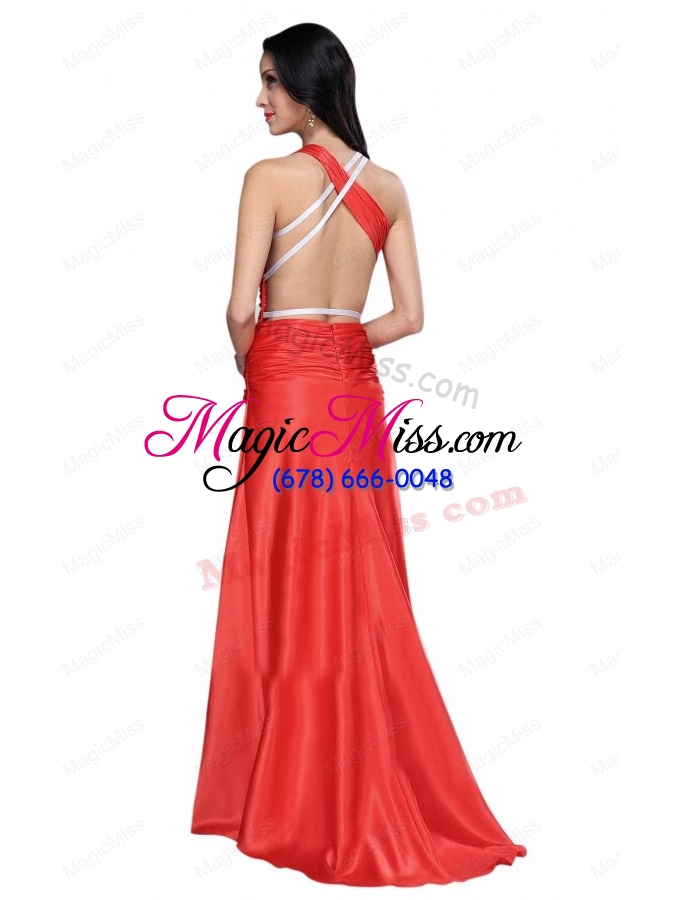 wholesale asymmetrical column red ruche prom dress with sweep train