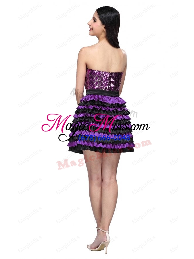 wholesale multi-color strapless a-line ruffled layers sequins knee-length prom dress