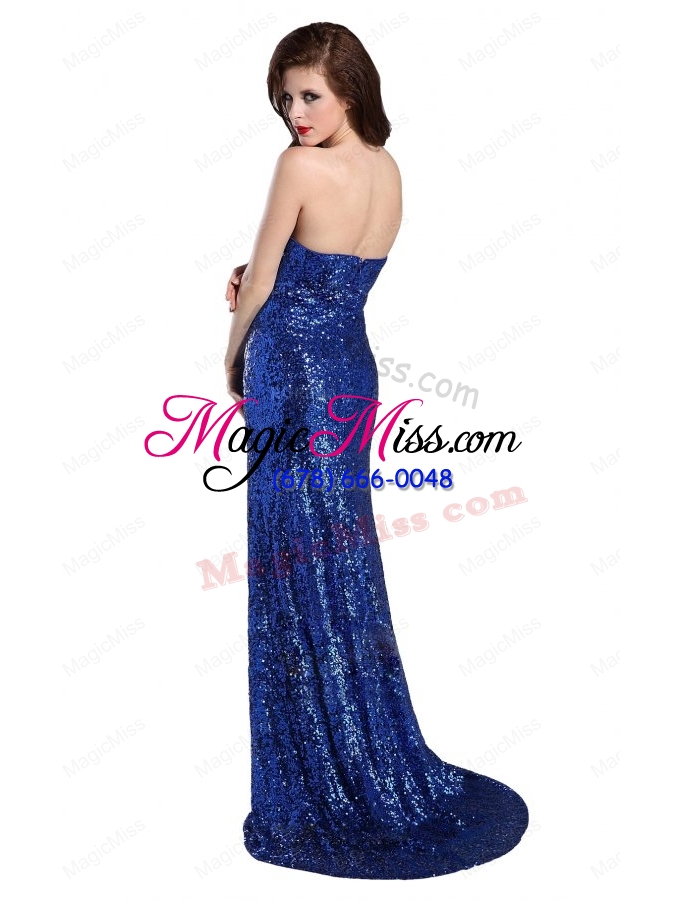 wholesale column sweetheart royal blue sequins high slit brush train prom dress
