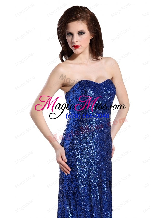wholesale column sweetheart royal blue sequins high slit brush train prom dress