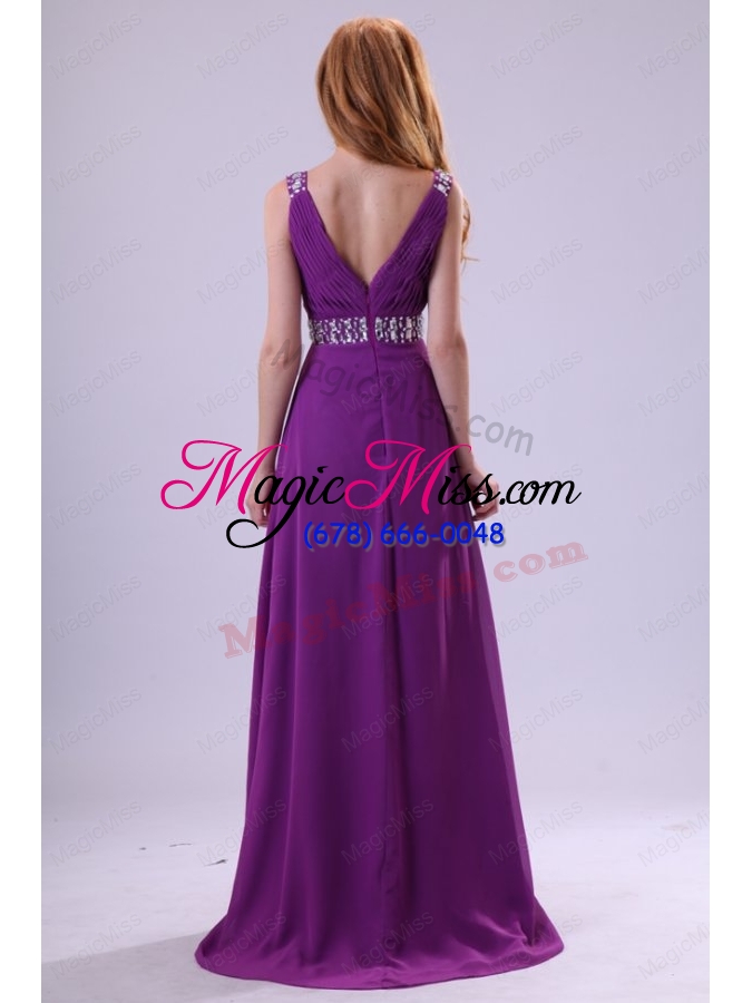 wholesale beaded decorate shoulder and waist v-neck empire purple prom dress