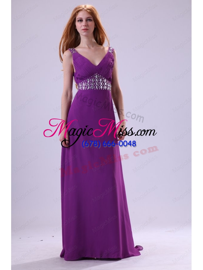 wholesale beaded decorate shoulder and waist v-neck empire purple prom dress