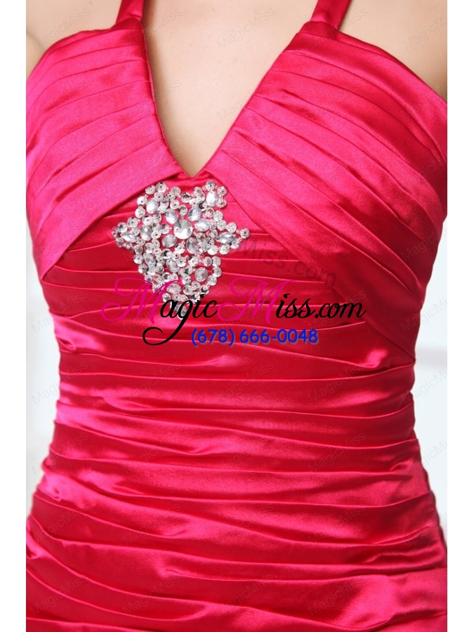 wholesale a-line red halter top neck beading prom dress with court train