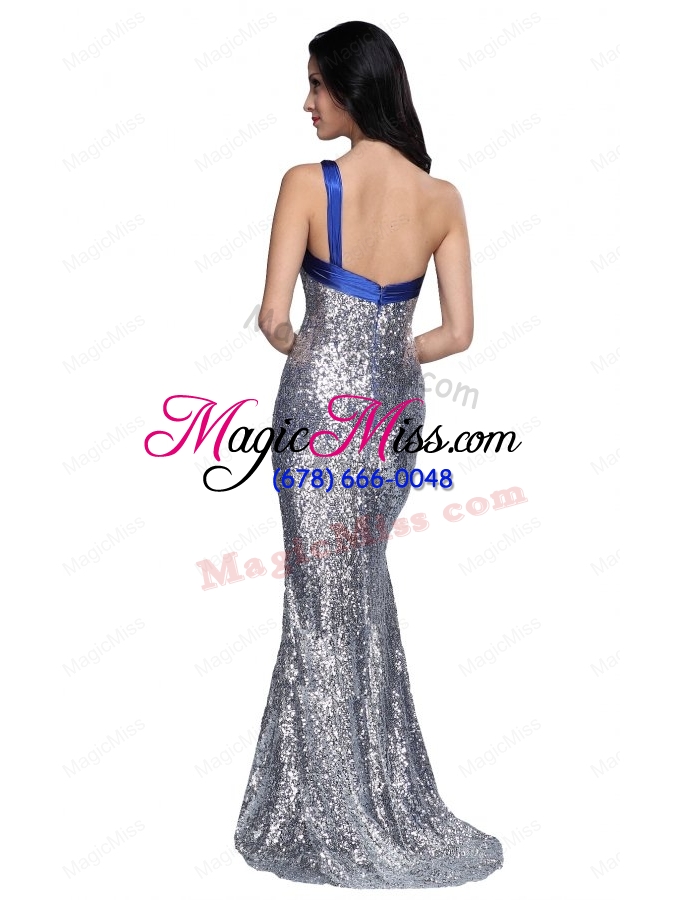 wholesale column one shoulder silver sequins high slit brush train prom dress