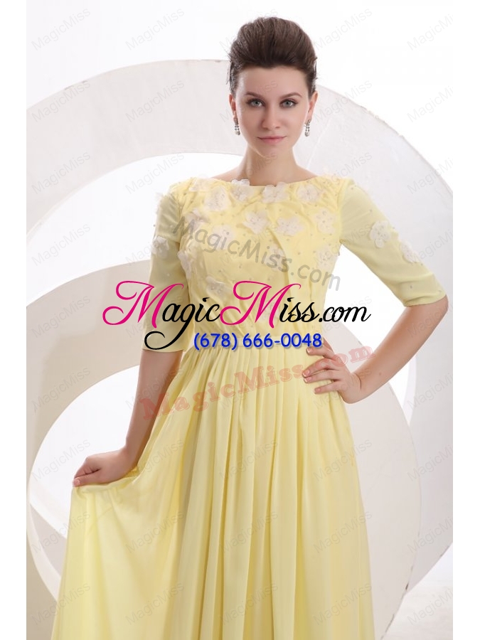 wholesale light yellow empire bateau appliques with beading short sleeves prom dress