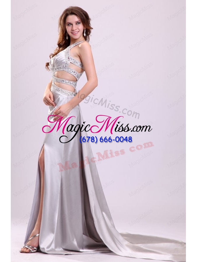 wholesale column straps beading ruching satin high slit gray prom dress