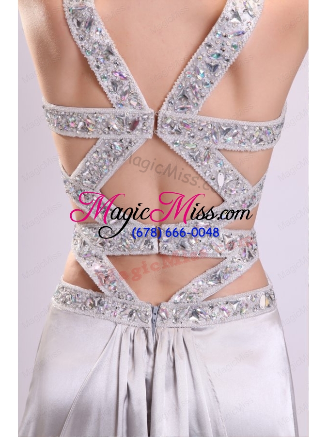 wholesale column straps beading ruching satin high slit gray prom dress
