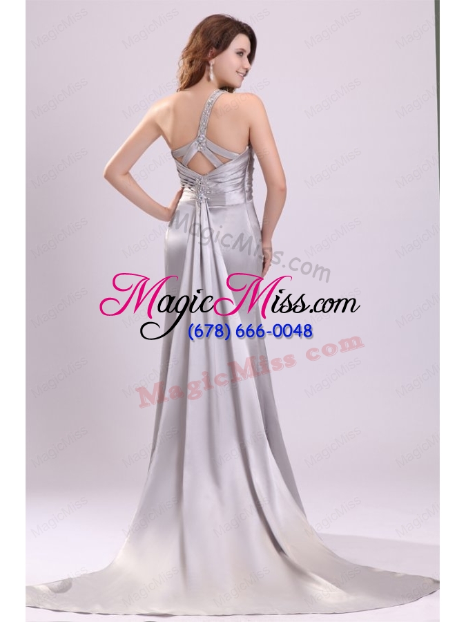 wholesale column beading and ruching high slit one shoulder watteau train prom dress