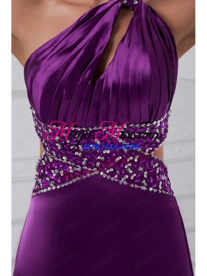 wholesale column one shoulder brush train elastic woven satin beading purple prom dress
