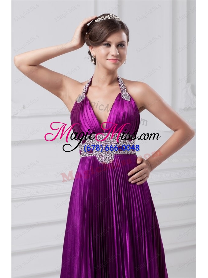 wholesale column one shoulder brush train elastic woven satin beading purple prom dress