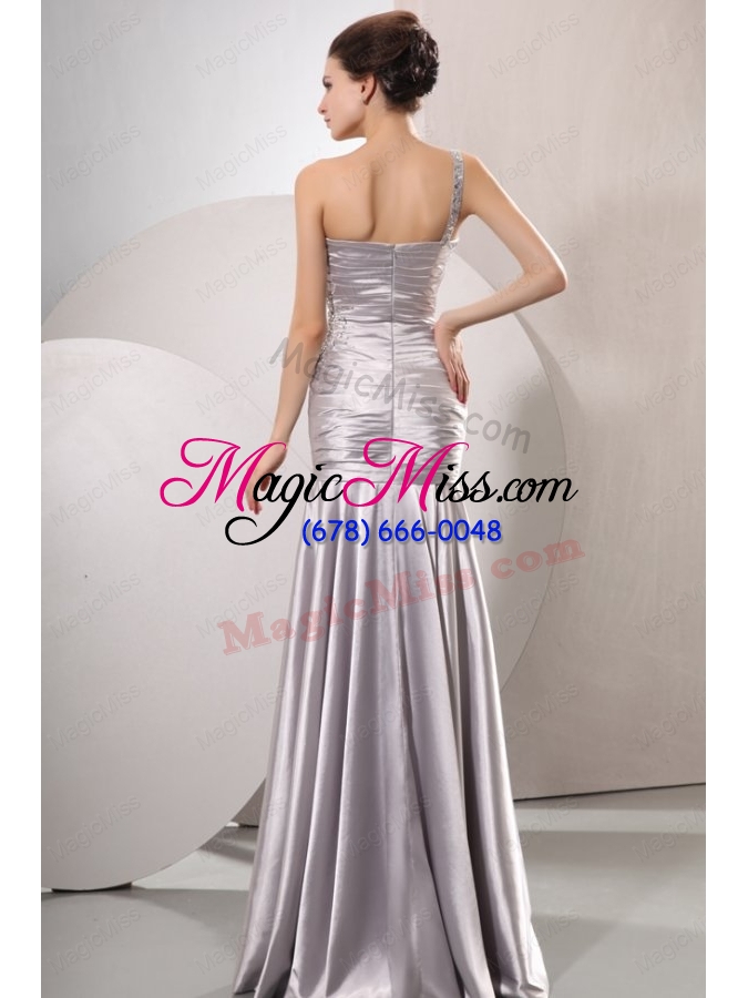 wholesale one shoulder silver prom dress with beading and ruching