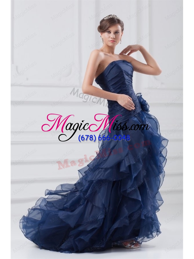 wholesale navy blue strapless a-line ruffles high-low organza prom dress