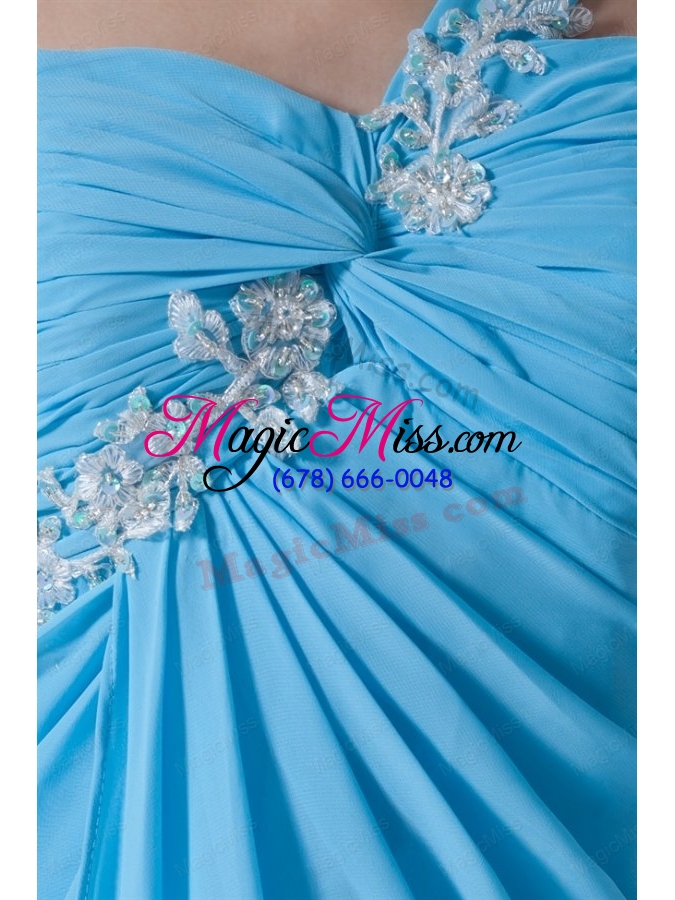 wholesale aqua blue empire one shoulder appliques chiffon prom dress with criss cross
