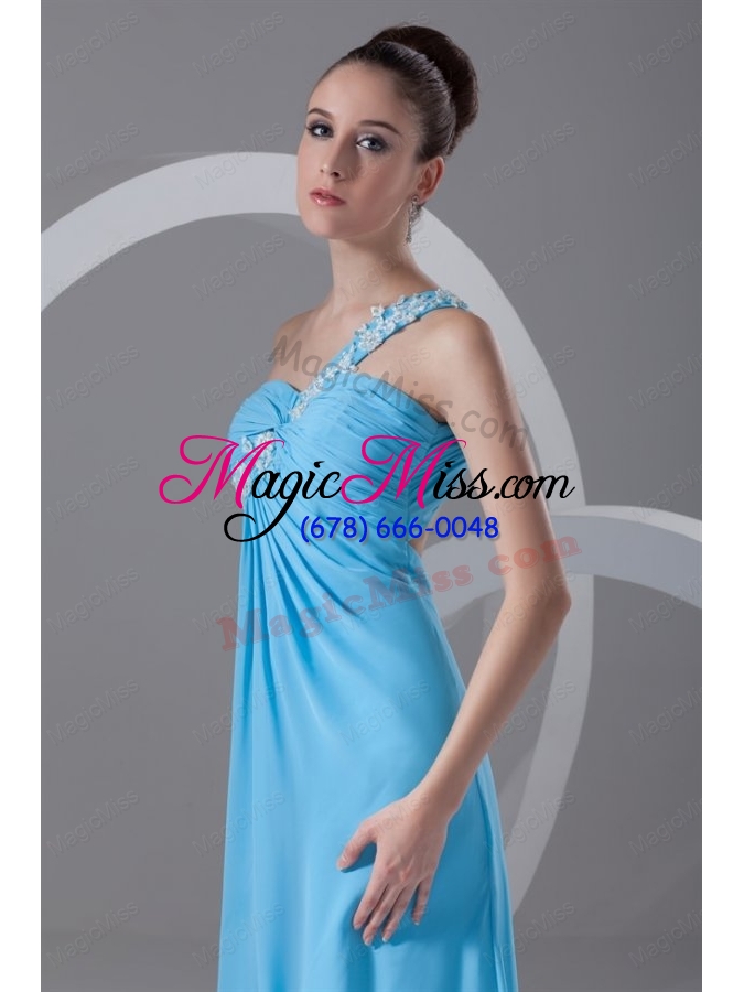 wholesale aqua blue empire one shoulder appliques chiffon prom dress with criss cross