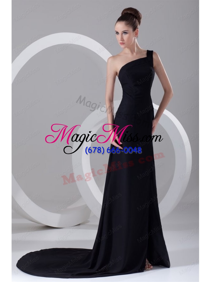 wholesale column one shoulder black ruching prom dress with brush train