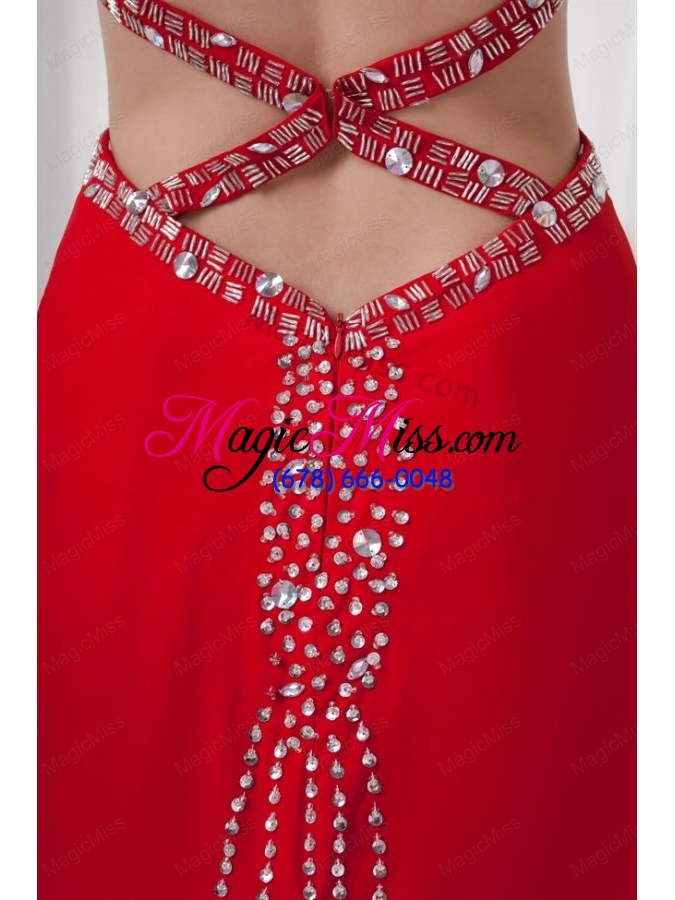 wholesale red column straps brush train chiffon beading criss cross prom dress