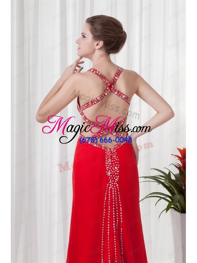 wholesale red column straps brush train chiffon beading criss cross prom dress