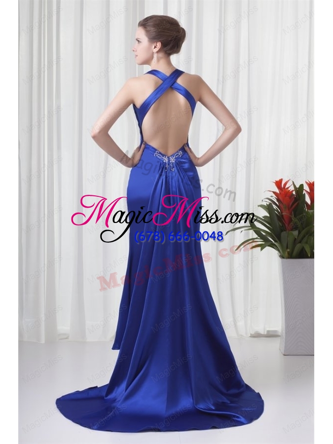 wholesale column halter watteau train royal blue beading prom dress with criss cross