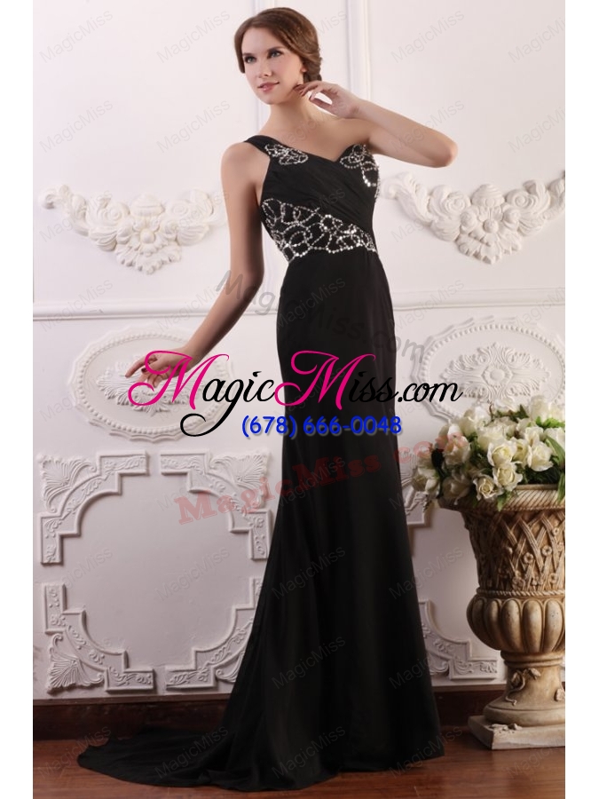 wholesale one shoulder column chiffon black sweep train beading prom dress