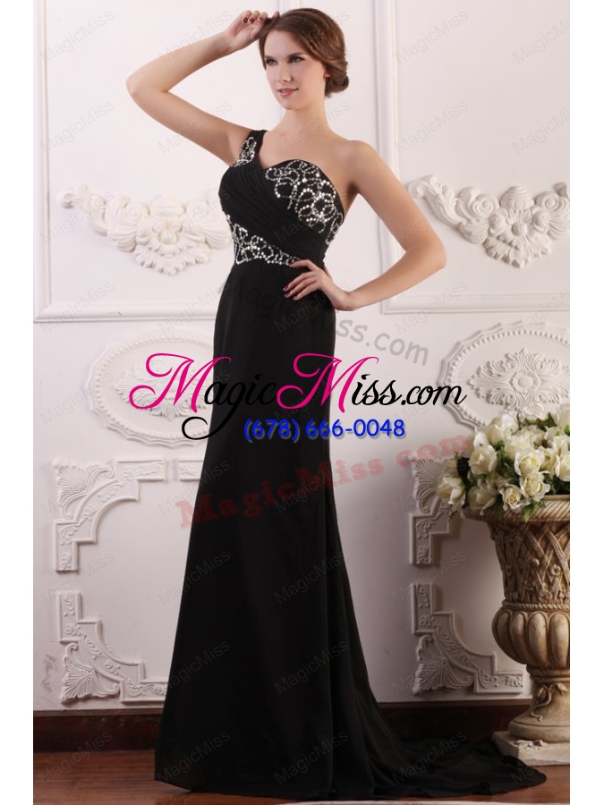 wholesale one shoulder column chiffon black sweep train beading prom dress