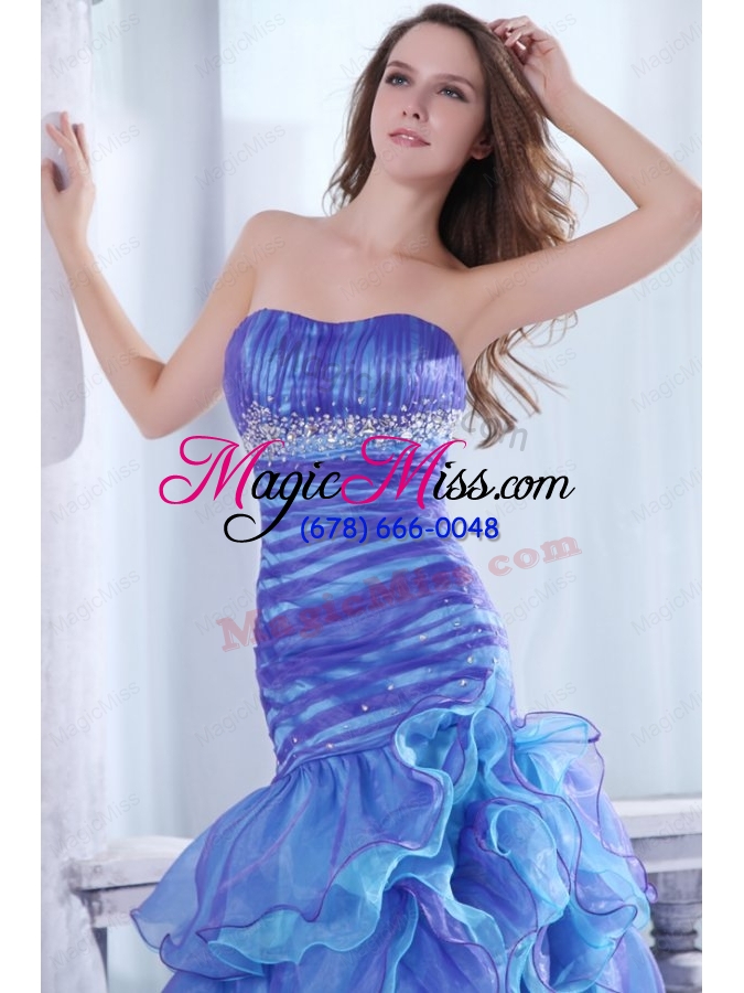 wholesale strapless beading and ruffles layered mermaid purple and blue prom dress