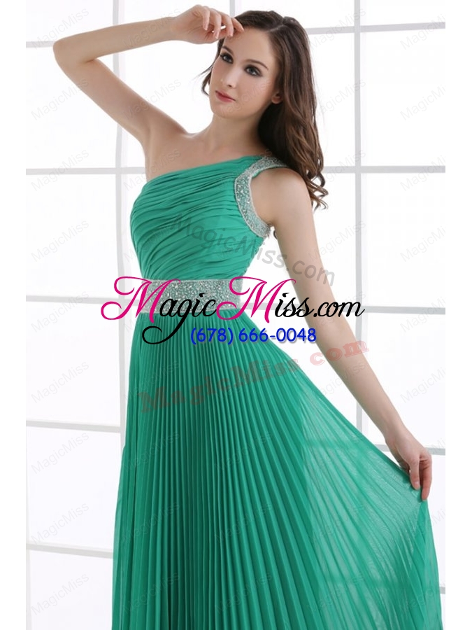 wholesale one shoulder green empire ankle-length beading and pleats prom dress