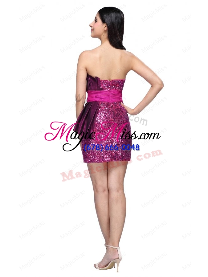 wholesale column fuchsia strapless sequins ruching short prom dress