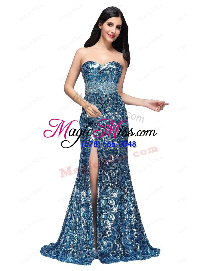 wholesale column sweetheart blue sequins high slit brush train prom dress