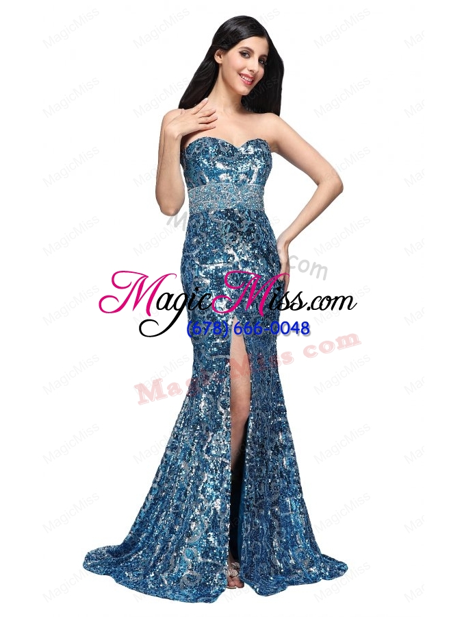 wholesale column sweetheart blue sequins high slit brush train prom dress