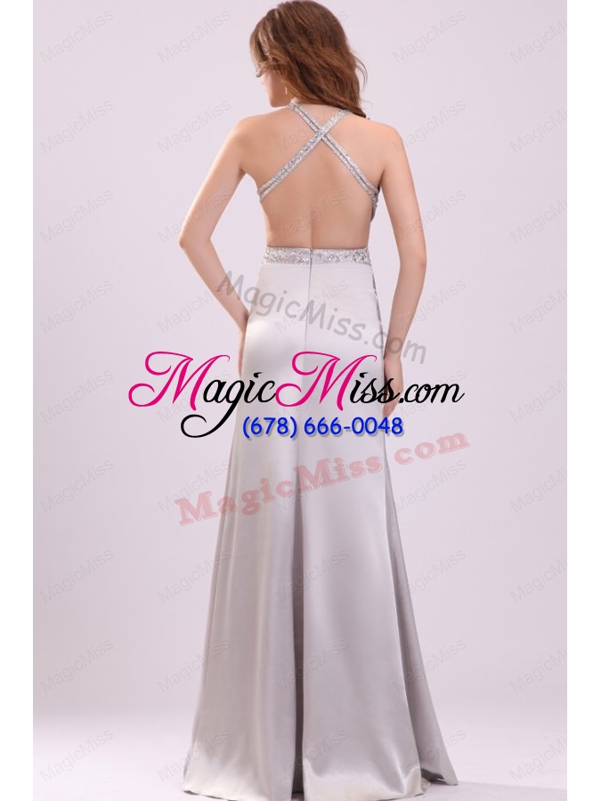 wholesale column straps beading satin floor-length gray prom dress