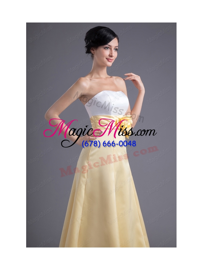 wholesale a-line light yellow strapless hand made flowers ankle-length prom dress