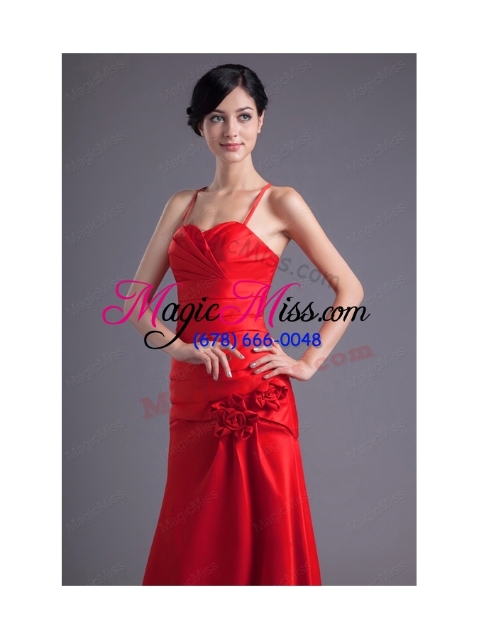 wholesale column spaghetti straps wine red ruching hand made flower brush train prom dress