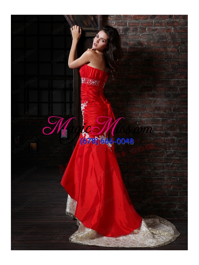 wholesale sexy mermaid strapless brush train red appliques prom dress with lace up