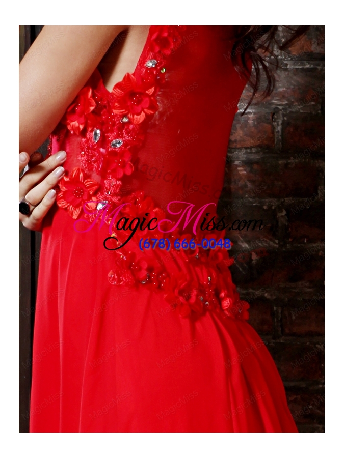 wholesale empire v-neck red chiffon floor-length hand made flowers side zipper prom dress