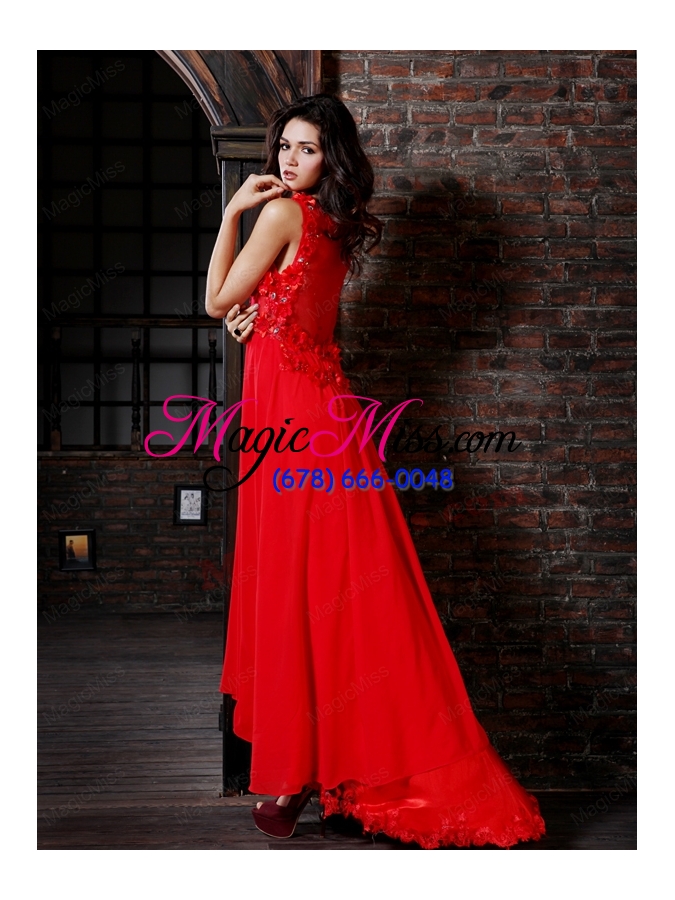 wholesale empire v-neck red chiffon floor-length hand made flowers side zipper prom dress