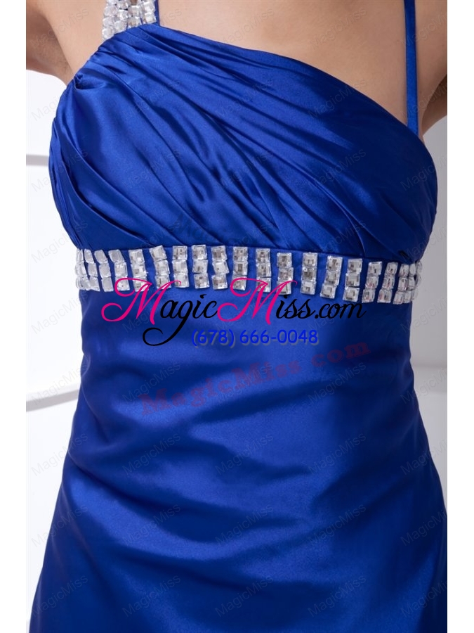 wholesale column blue asymmetrical brush train elastic woven satin beading prom dress with backless