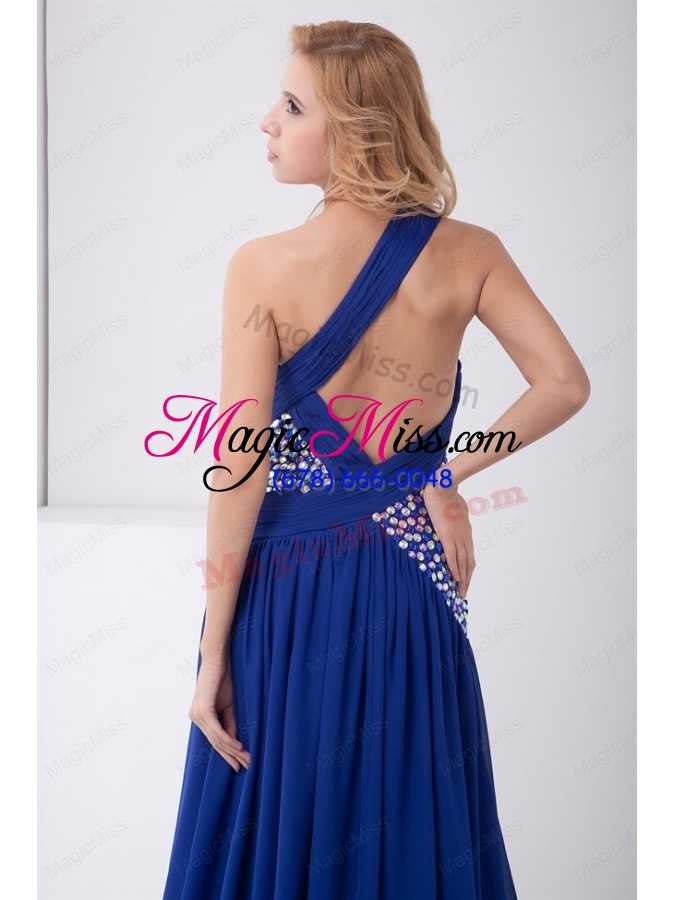 wholesale column blue asymmetrical brush train elastic woven satin beading prom dress with backless