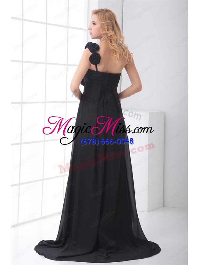wholesale black empire one shoulder floor-length hand made flowers chiffon prom dress