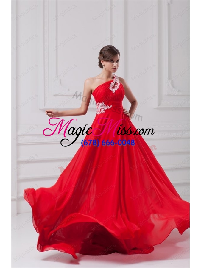 wholesale elegant empire one shoulder appliques court train chiffon red prom dresses