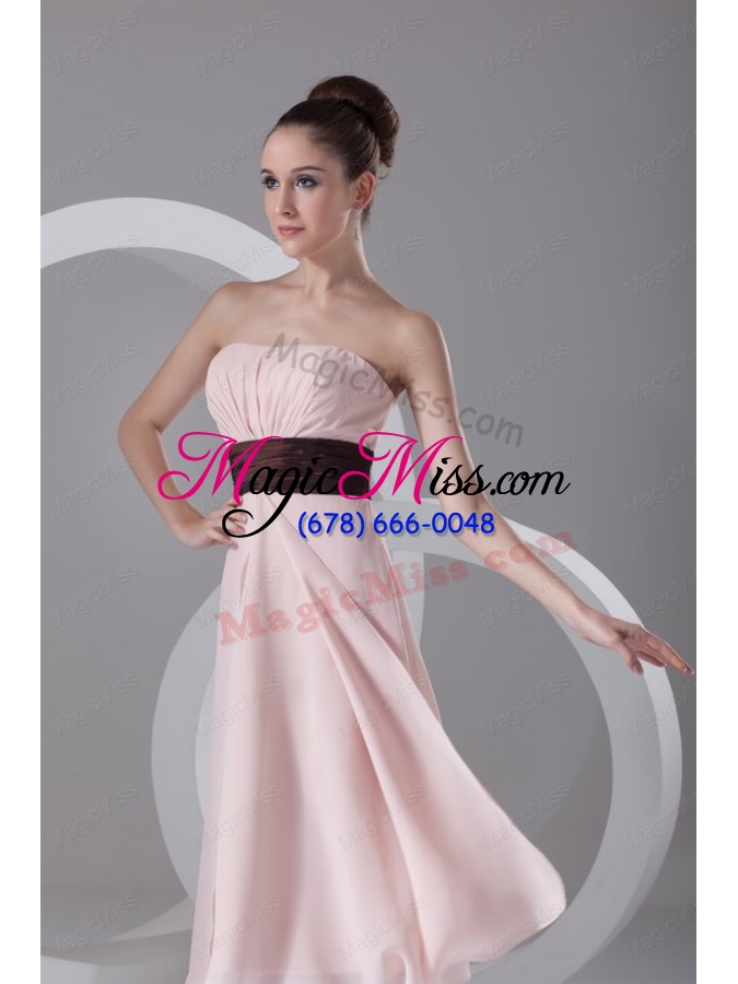 wholesale affordable empire strapless tea-length chiffon pink belt prom dress