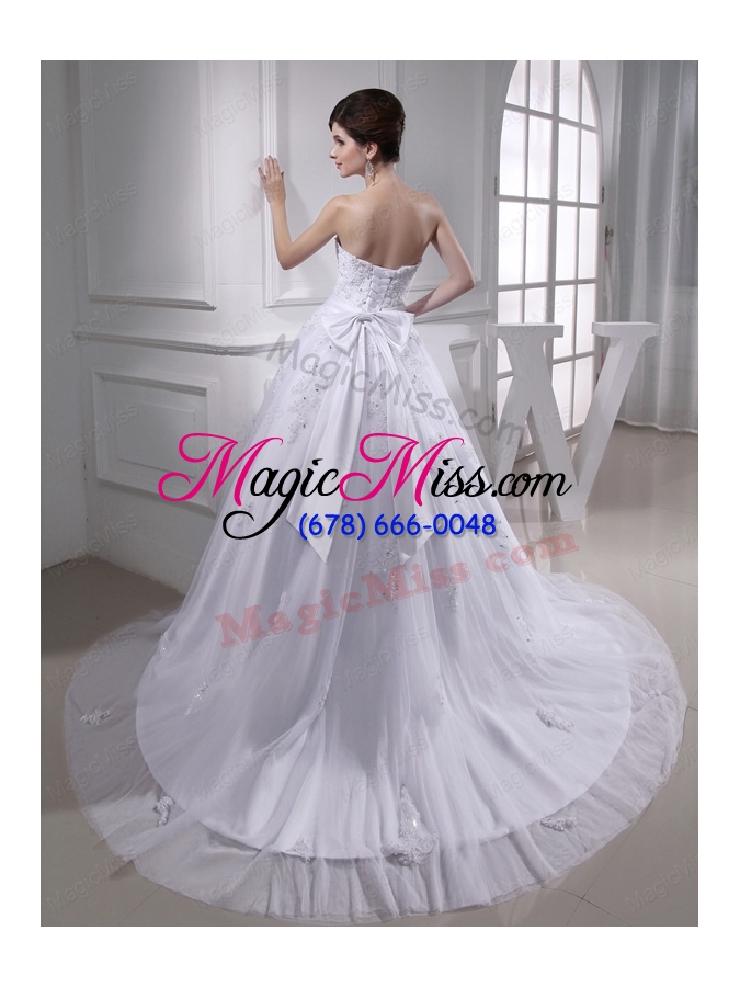 wholesale exquisite a-line beading and appliques chapel train wedding dress with strapless