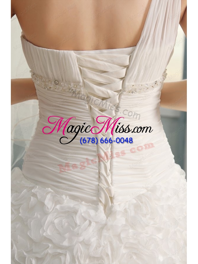 wholesale one shoulder brush train wedding dress with beading and ruffles