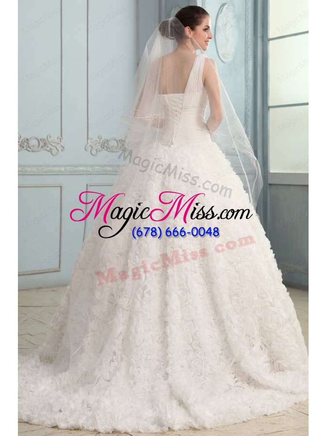 wholesale one shoulder brush train wedding dress with beading and ruffles