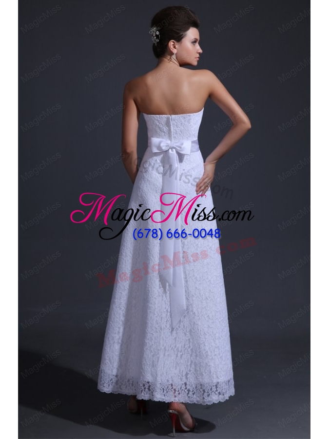 wholesale strapless empire ankle length lace wedding dress with bowknot