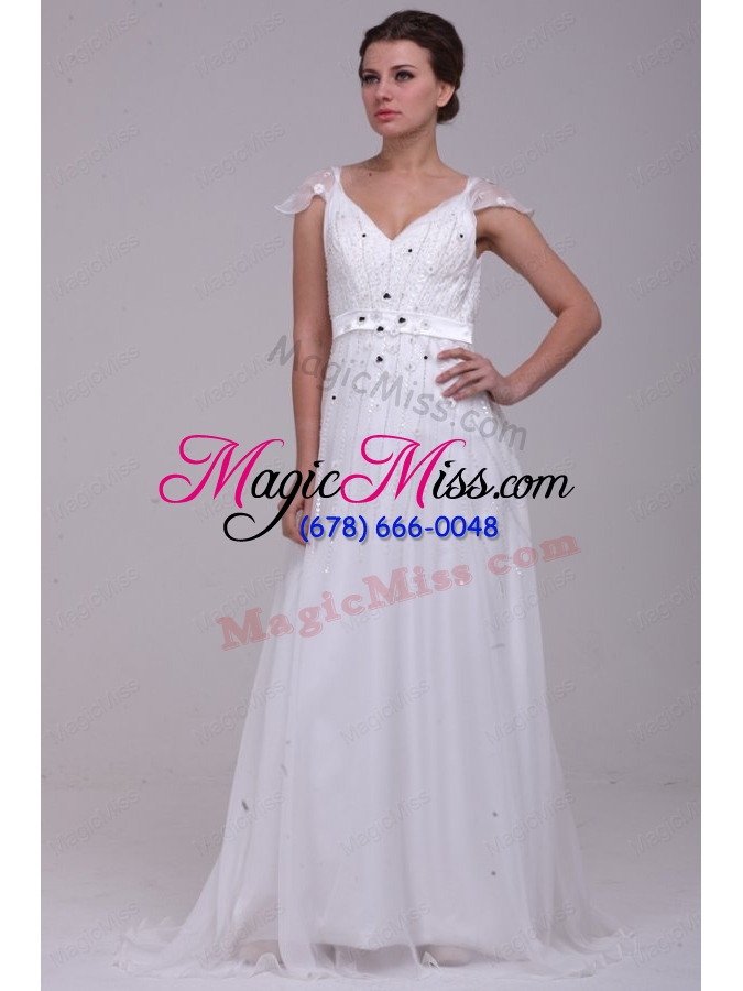 wholesale empire v neck floor length zipper up wedding dress with beading