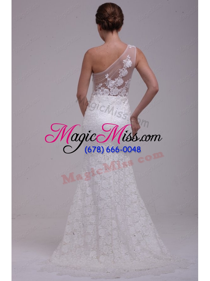 wholesale one shoulder column lace organza brush train wedding dress