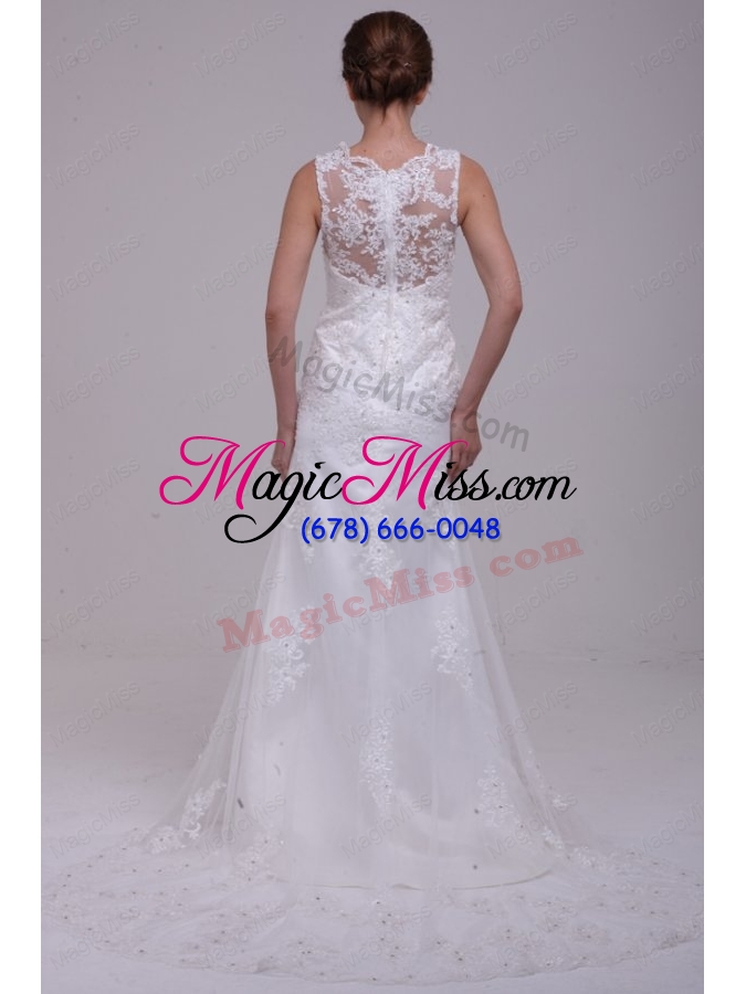 wholesale column high neck appliques lace wedding dress with brush train