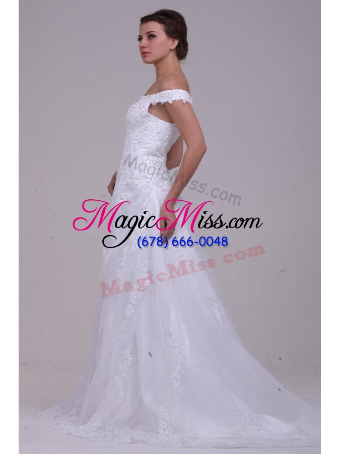 wholesale elegant column off the shoulder appliques organza 2014 wedding dress