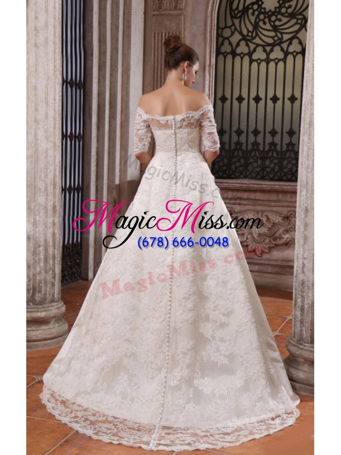 wholesale a line off the shoulder brush train lace appliques wedding dress