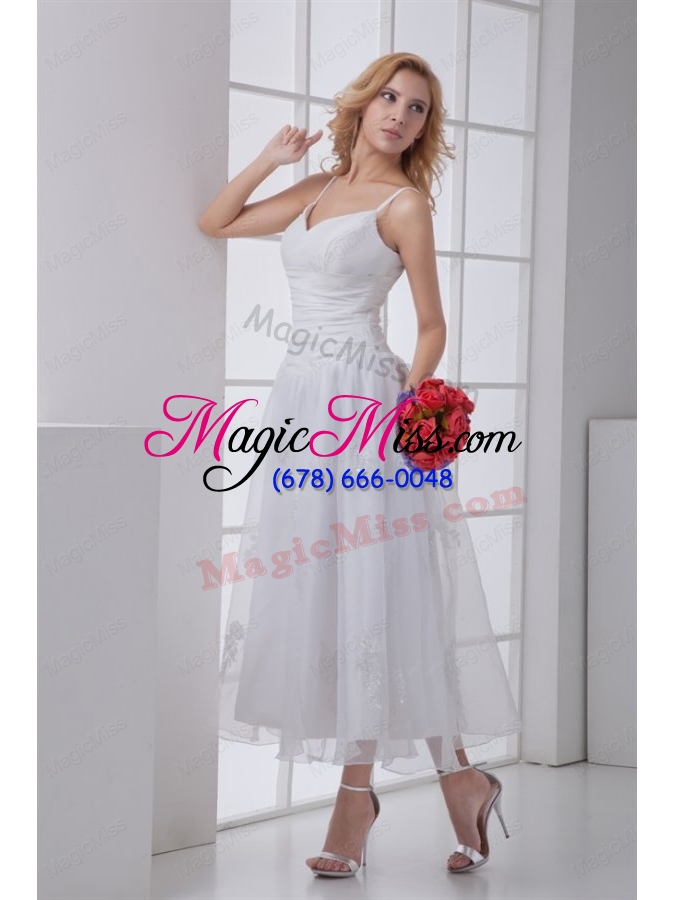 wholesale simple spaghetti straps ankle length a line wedding dress with ruching